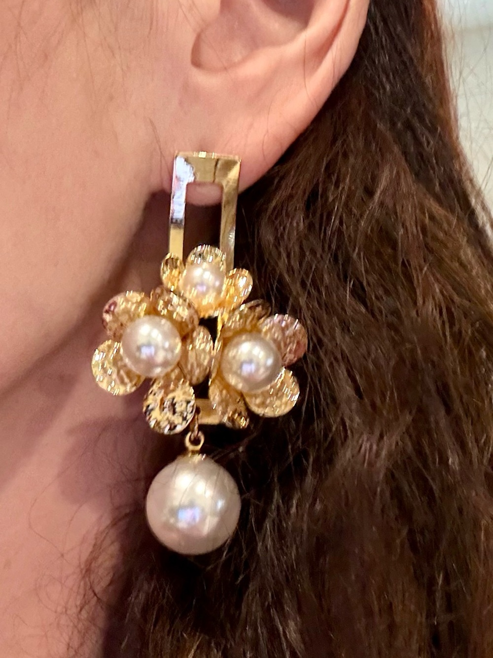 Natasha Couture Gold Floral Pearl Drop Earrings